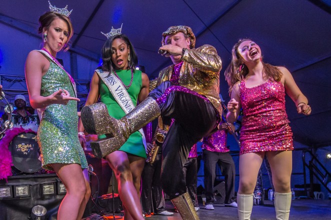 Miss Apple Blossom & Miss Virginia on stage with the "Right On Band."